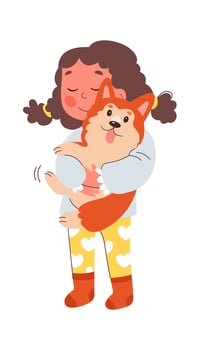 Happy cartoon girl cuddle corgi puppy flat icon vector