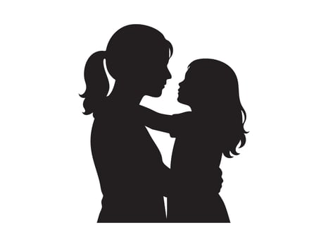 Black silhouette of woman holding child, isolated on white background, graphic illustration. concept of motherhood, family bond, maternal care, love, parenting, design element vector
