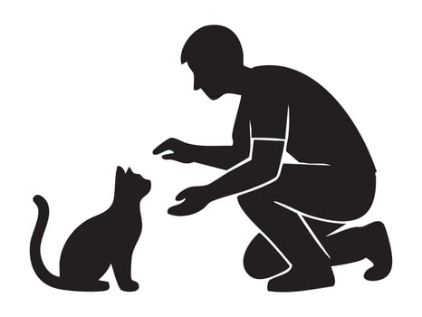 Black silhouette of crouching man reaching out to sitting cat, isolated on white background. concept of pet interaction, human-animal bond, domestic cat, graphic illustration vector