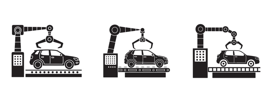Automated car manufacturing process concept with robotic arms assembling vehicles on a production line illustration and modern industrial technology vector