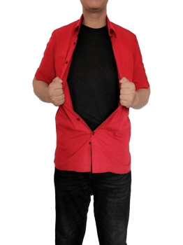 Man showing his black t-shirt under red shirt with blank space for message. Create your own t-shirt design. Distro clothing. png