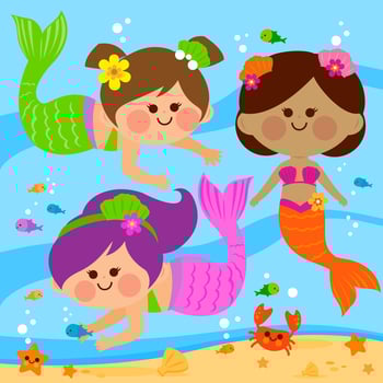 Beautiful mermaids and fish swimming underwater. White and dark skin mermaids with pretty colorful hair and outfits swim under the sea. vector