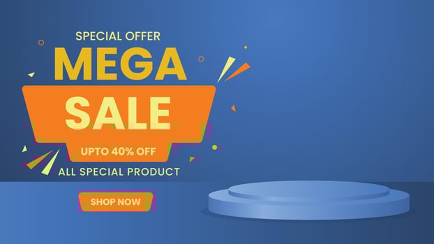 Modern blue background with podium and orange mega sale banner suitable for discount promotions and advertisements vector