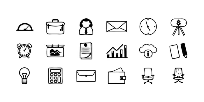 Hand Drawn Business and Office Icons Set in Black and White on transparent background vector