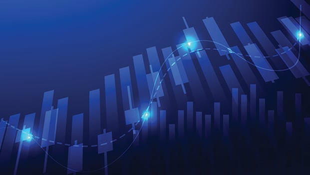 economy and business finance background. stock market candlesticks and bar chart on blue background vector