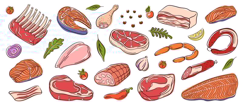 Variety of meats and seafood illustrations vector