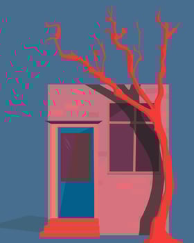 house on blue background illuminated by sun with tree. Desert, abandoned house, hand drawn illustration, place for text, poster vector