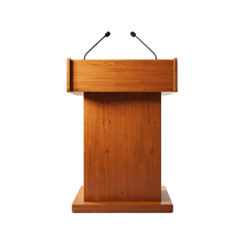 Wooden podium with microphones for public speaking png