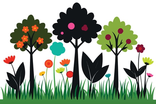 Stylized trees and flowers in a meadow grass green vector