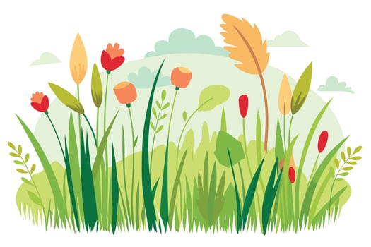 Red orange and yellow flowers with green grass and clouds nature plants vector