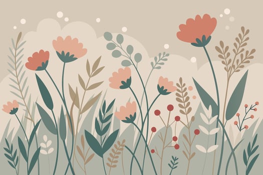 Coral and Sage Floral Meadow green vector