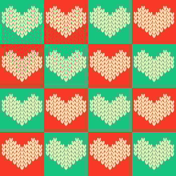 vibrant repeating pattern of knitted hearts in red and green squares vector