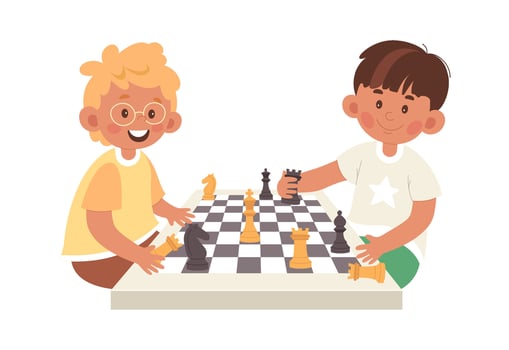 Boys play chess on chessboard vector