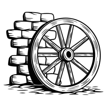 Vintage wooden wagon wheel leaning on rustic brick wall historic transportation, rural country equipment, retro farm design vector