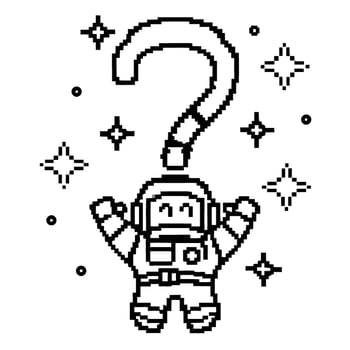 Pixel art astronaut with question mark, outer space theme, retro digital style, cosmic exploration and curiosity, stars background vector
