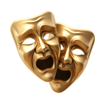 Golden comedy and tragedy masks drama on transparent background png