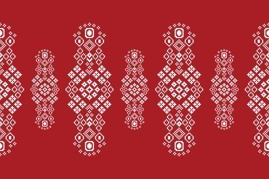 Geometry design red color background with motifs ethnic scarf pixel art craft silk. vector