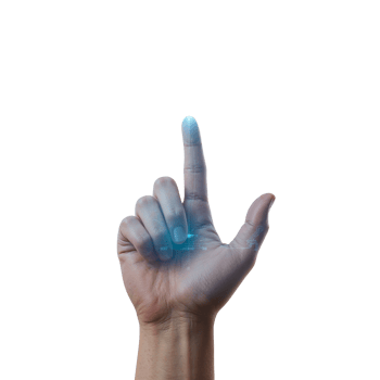 Human hand reaching upward with glowing fingertip against isolated transparent backdrop png