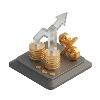 Financial ascension visualization with gold coins, arrow, and percentage symbol representing growth png