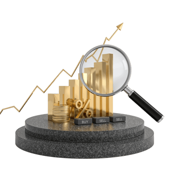 Financial Growth Visualization with Magnifying Glass and Golden Elements on Platform png