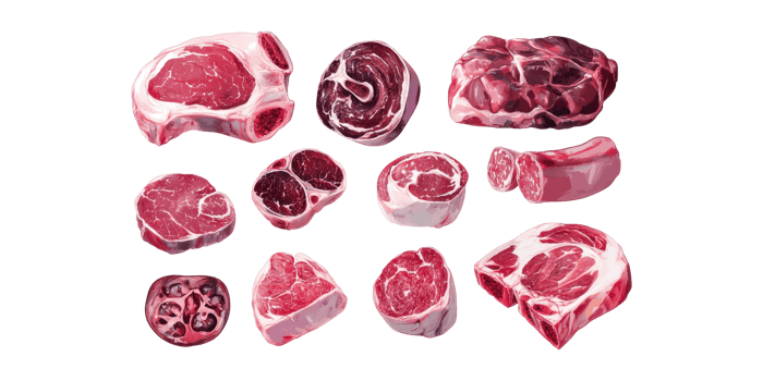 Various Cuts Of Raw Meat. Culinary Preparation And Butchery Selection Isolated On Transparent Background png