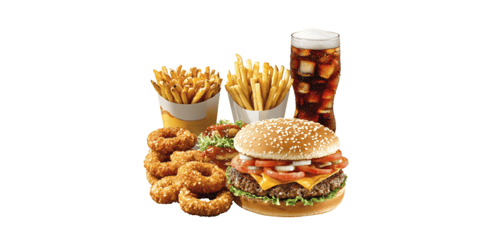 Fast Food Meal With Burger, Fries, Onion Rings, And Soda. Classic American Cuisine And Indulgence Isolated On Transparent Background png