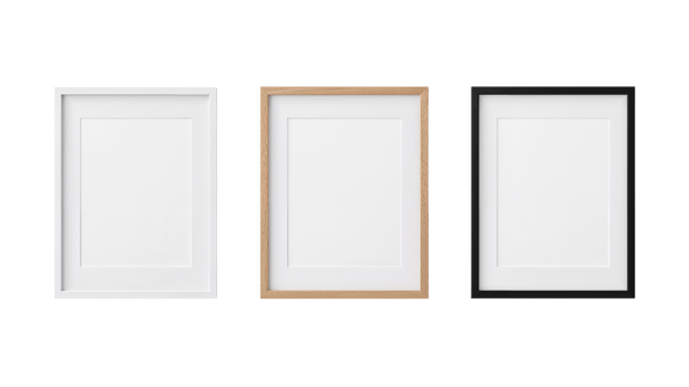 Elegant picture frames mockup set, showcasing white, natural wood and solid shades, isolated with png
