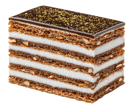 Delicious Layered Dessert with Crispy Chocolate and Cream Filling png