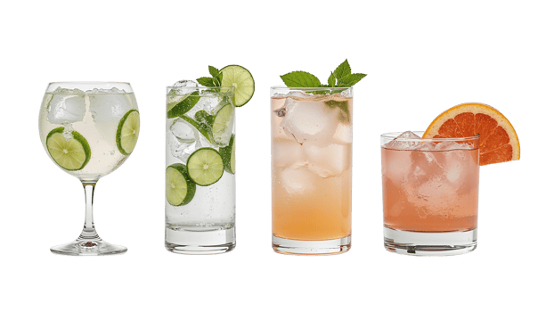 Refreshing alcoholic and non-alcoholic drinks with citrus fruits on transparent backdrop png