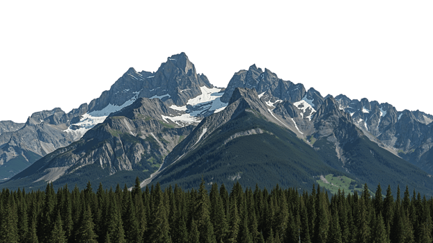 Majestic mountain range panorama with snow-capped peaks and lush evergreen forest under a tranquil png