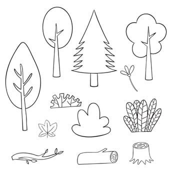 A coloring page with trees, bushes and other objects vector