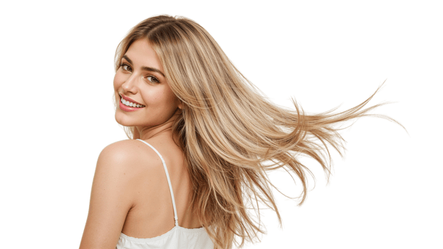 A beautiful blonde woman smiles over her shoulder as her hair cascades in motion against isolated png