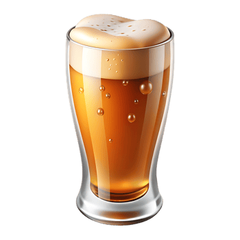 Glass of amber beer with frothy head isolated on transparent background png