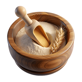 Wooden bowl filled with flour and scoop isolated on transparent background png