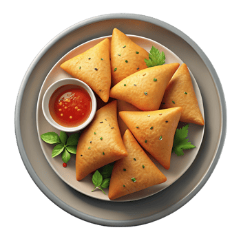 Golden samosas with red chutney and basil isolated on transparent background png