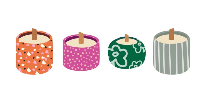 Vintage wax candles in modern containers for room decor, poster, badges, labels. Aromatherapy concept vector