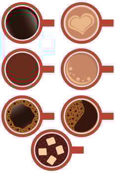 Set of Coffee Cups with Various Drinks Top View. Hot Drinks Coffee Beverages Collection vector