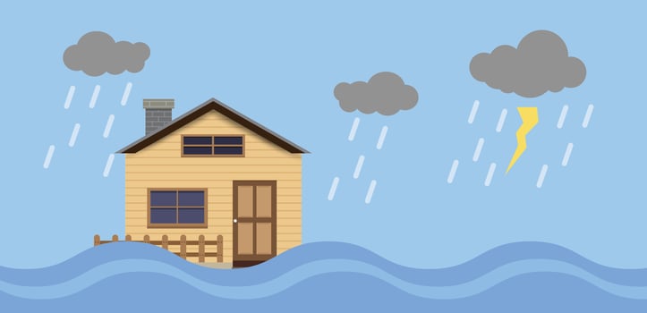 Flood natural disaster with house, Flooded house. vector
