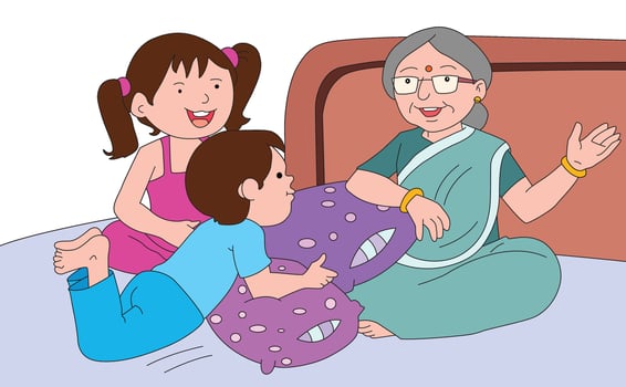 Boy and girl listening to grandmother vector