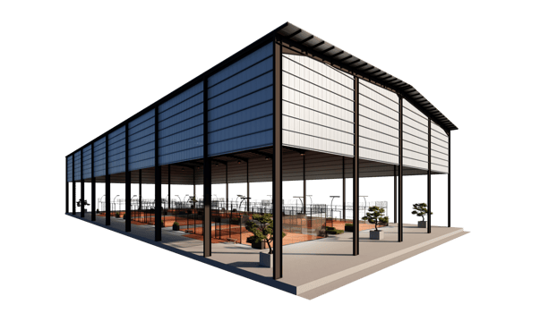 Corner view padel tennis courts inside metal structure building with terracotta color png