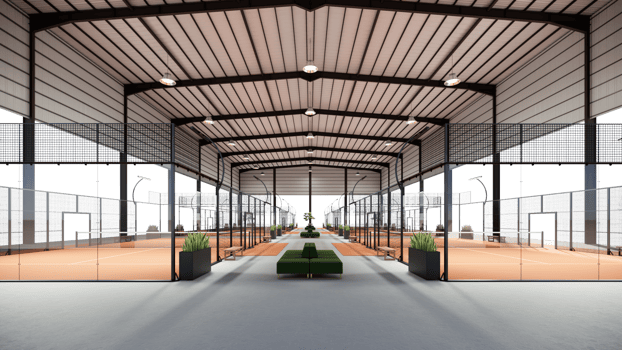 empty terracotta padel tennis courts inside metal roof structure. Located in the sports complex facility area. tropical concept png
