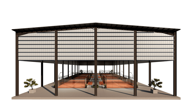 padel tennis courts inside metal structure building with terracotta color png