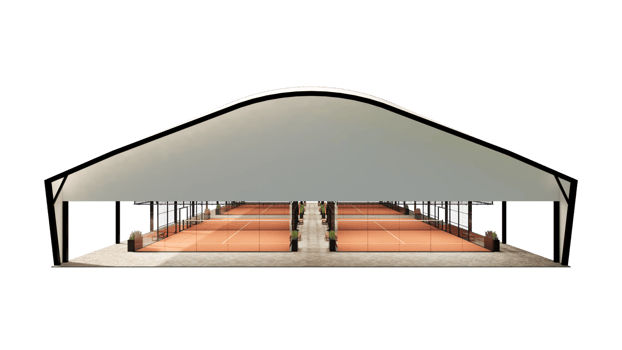 Side view Outdoor Padel Tennis Court with Terracotta Surface and Sun Shade Roof isolated on transparent background png