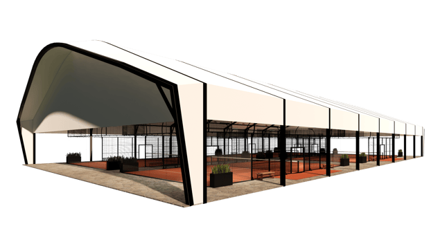 Isometric view Outdoor Padel Tennis Court with Terracotta Surface and Aluminum Alloy Sun Shade Roof isolated on transparent background png