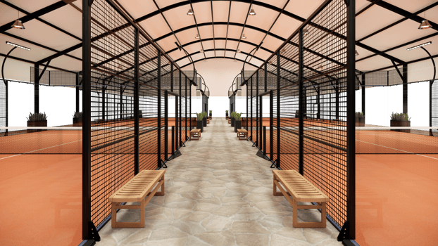 empty terracotta padel tennis courts inside metal shade roof structure. Located in the sports complex facility area. With lights on during the day png