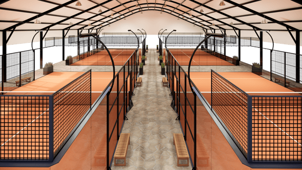 Sun Shade Outdoor metal Roof for Padel Tennis Court with Terracotta Colored Surface png