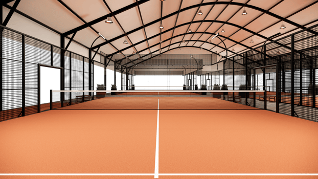 Back view Padel court complex with terracotta color and semi outdoor roof structure png