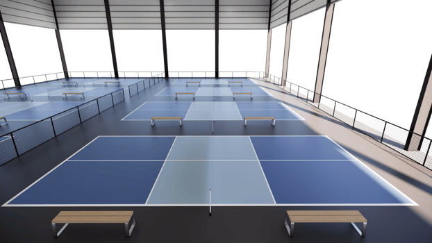 Indoor pickleball tennis court with blue and grey color inside metal structure building with transparent background png
