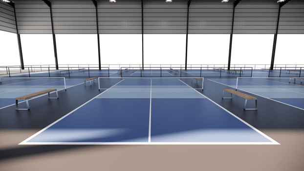 back view an indoor pickleball court with a blue and grey surface. with transparent background png