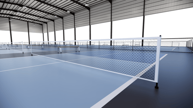 Close up net pickleball tennis courts inside metal structure building with transparent background png